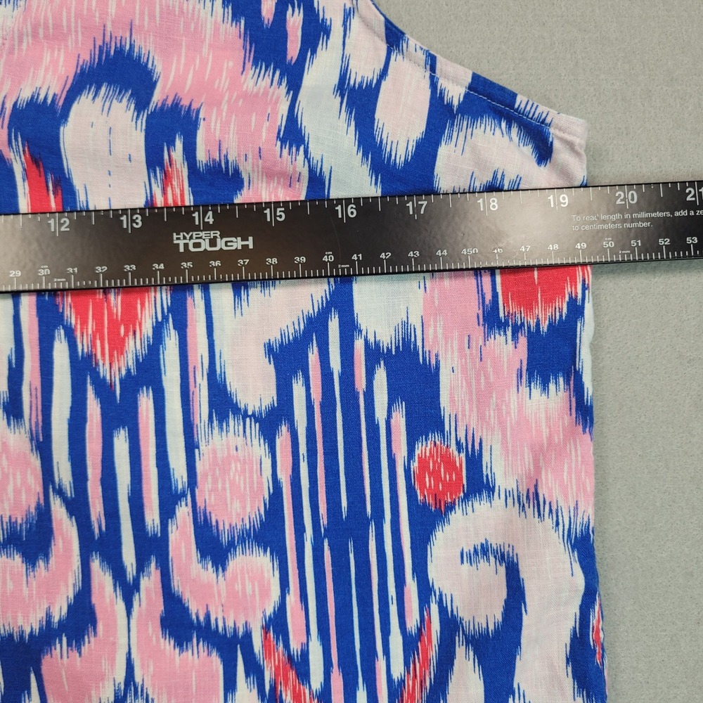 Crown & Ivy Blue Pink Ikat Sleeveless Ruffle Neck Linen Blend Top Petite Small - Picture 4 of 7